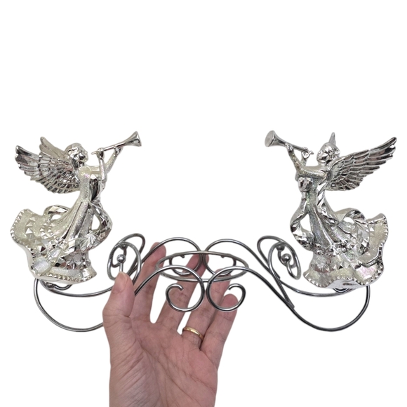 Vintage Angel Silver Tone Glitter Candle Holder Centerpiece Guardian Angel Horn - Picture 2 of 14